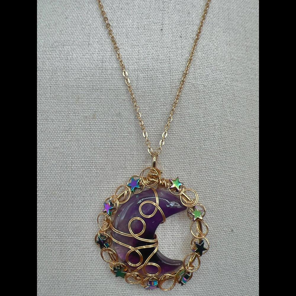 Purple Amethyst Moon Pendant Necklace - Handcrafted Wire Art Jewelry